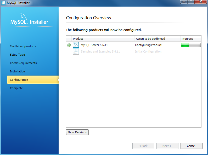 Install MySQL Step 8.1 - MySQL Server Configuration - In Progress