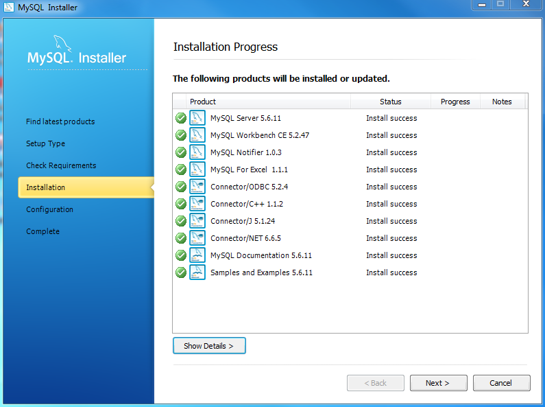 Install MySQL Step 7 - Installation Progress - Complete Downloading