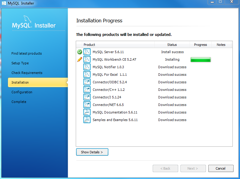 Install MySQL Step 7 - Installation Progress - Downloading Products in Progress