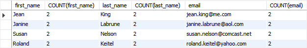 MySQL find duplicate values on multiple columns