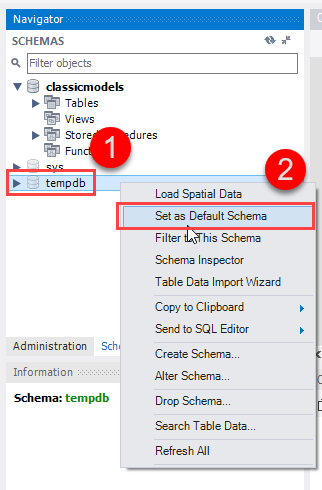 MySQL Select Database - change default schema