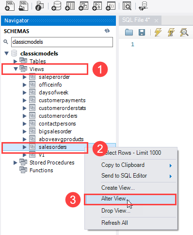 MySQL ALTER VIEW with Workbench step 1