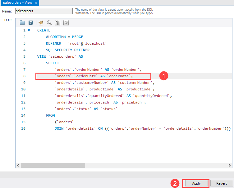 MySQL ALTER VIEW with Workbench step 2